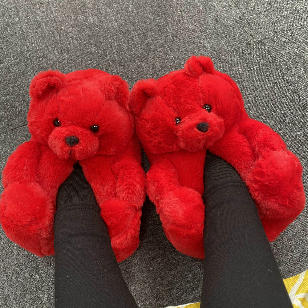 Ins Tiktok Hot Sale Women's New Style Teddy Plush Bear Fur Shoes Fuzzy Stuffed House Slippers For Women Teddy Bear Slippers