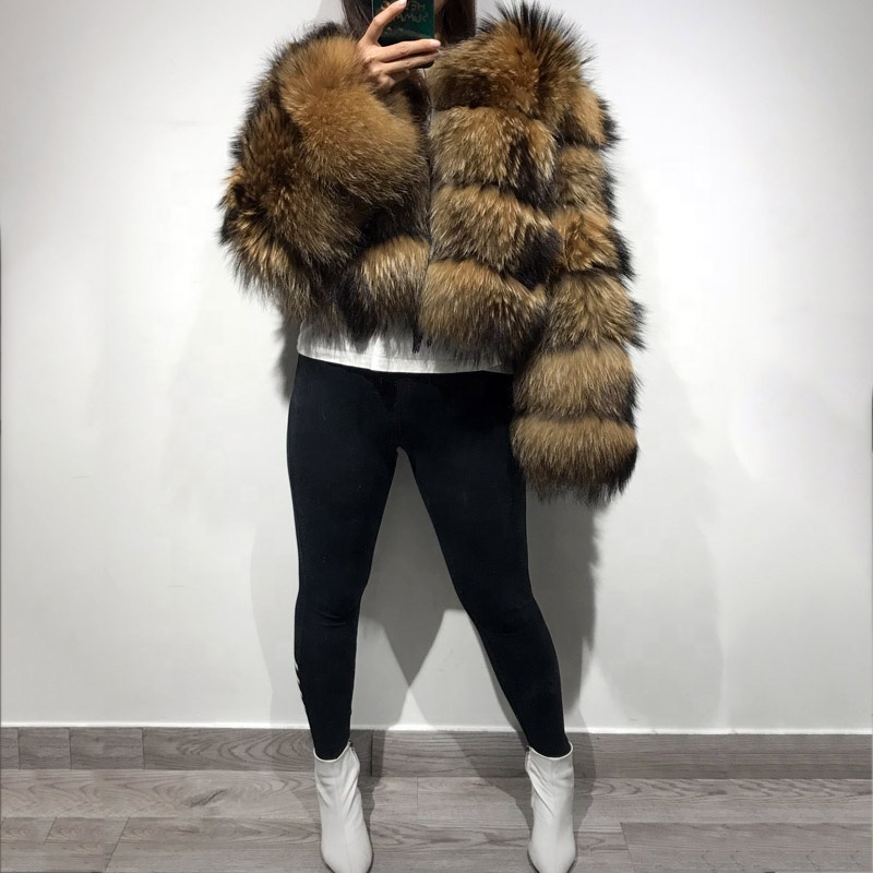 Custom  Natural Fur Coat Genuine Raccoon Fur Jacket Boutique Overcoat Girl's Outwear O Neck Brown Real Fur Jacket