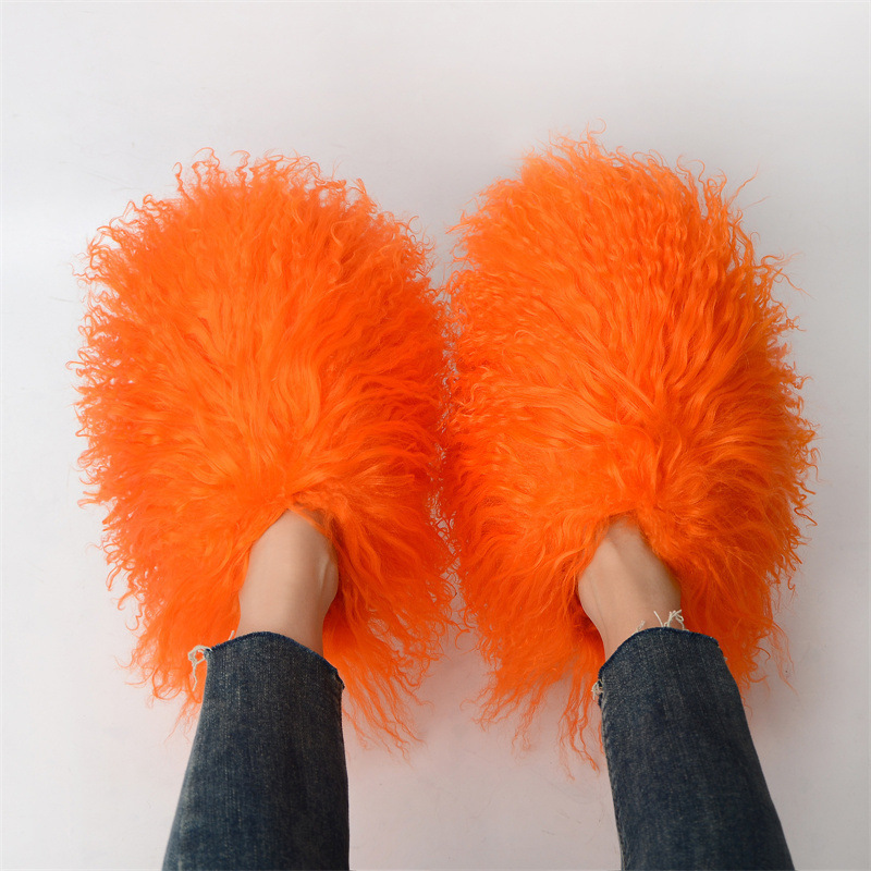 High end outdoor ladies fluffy shoes winter warm fashion real fur house slipper long mongolian sheep fur slippers