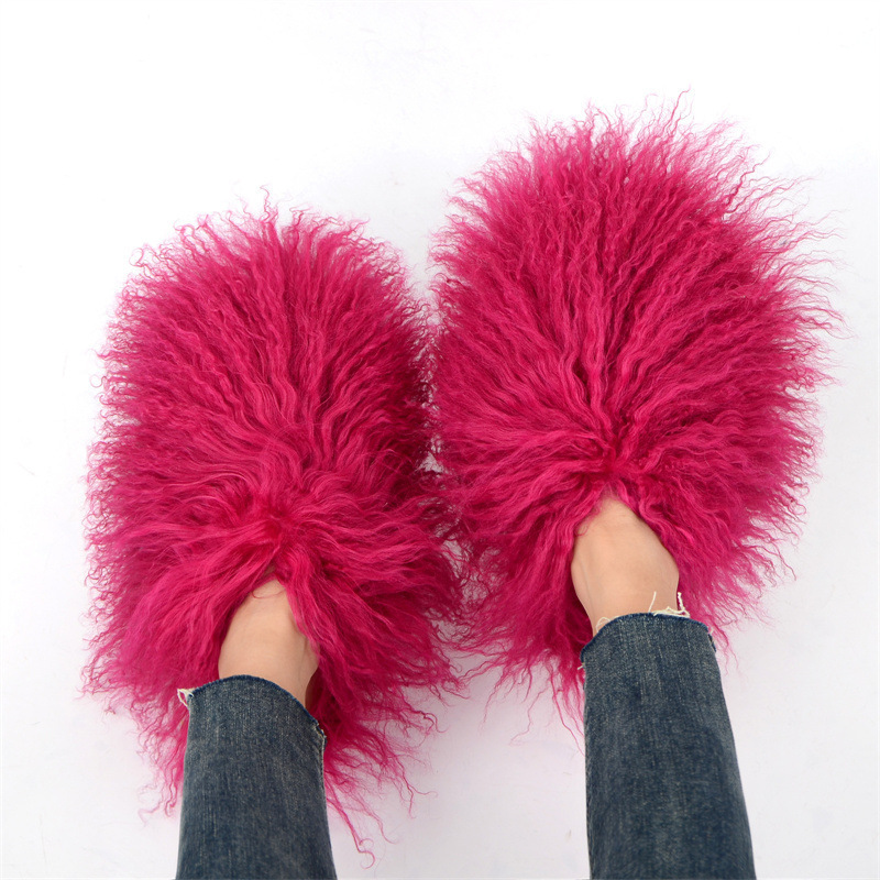 High end outdoor ladies fluffy shoes winter warm fashion real fur house slipper long mongolian sheep fur slippers