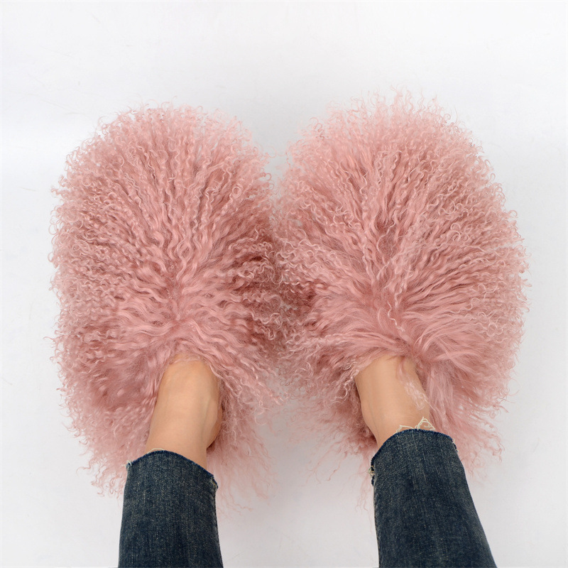 High end outdoor ladies fluffy shoes winter warm fashion real fur house slipper long mongolian sheep fur slippers