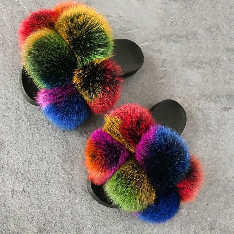 New design big raccoon fur ball indoor fur slides women cute fluffy pompom real fox fur slippers for women