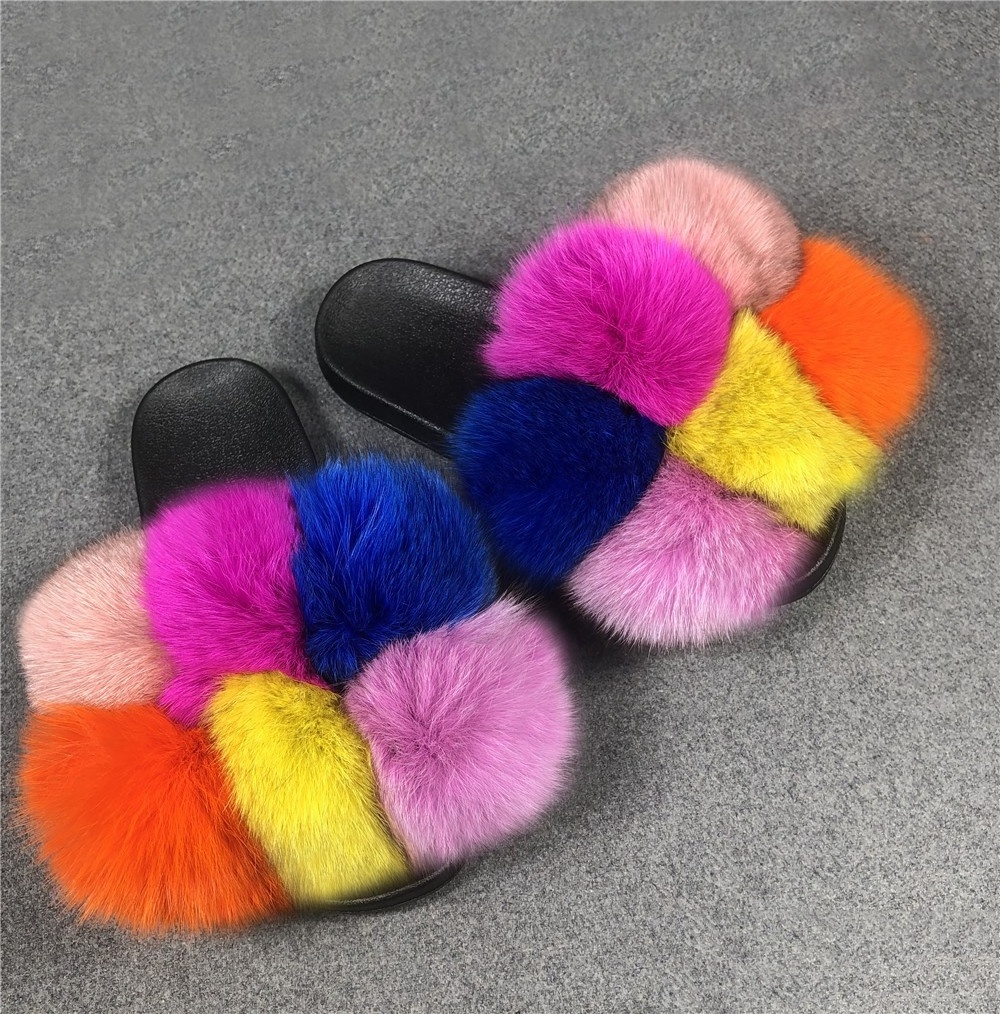 New design big raccoon fur ball indoor fur slides women cute fluffy pompom real fox fur slippers for women