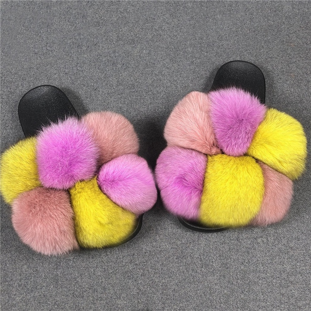 New design big raccoon fur ball indoor fur slides women cute fluffy pompom real fox fur slippers for women