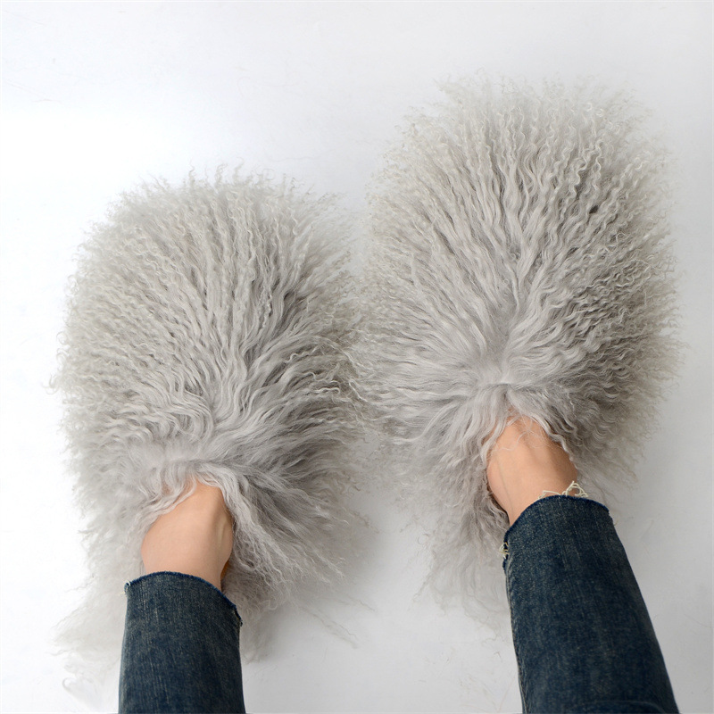 High end outdoor ladies fluffy shoes winter warm fashion real fur house slipper long mongolian sheep fur slippers