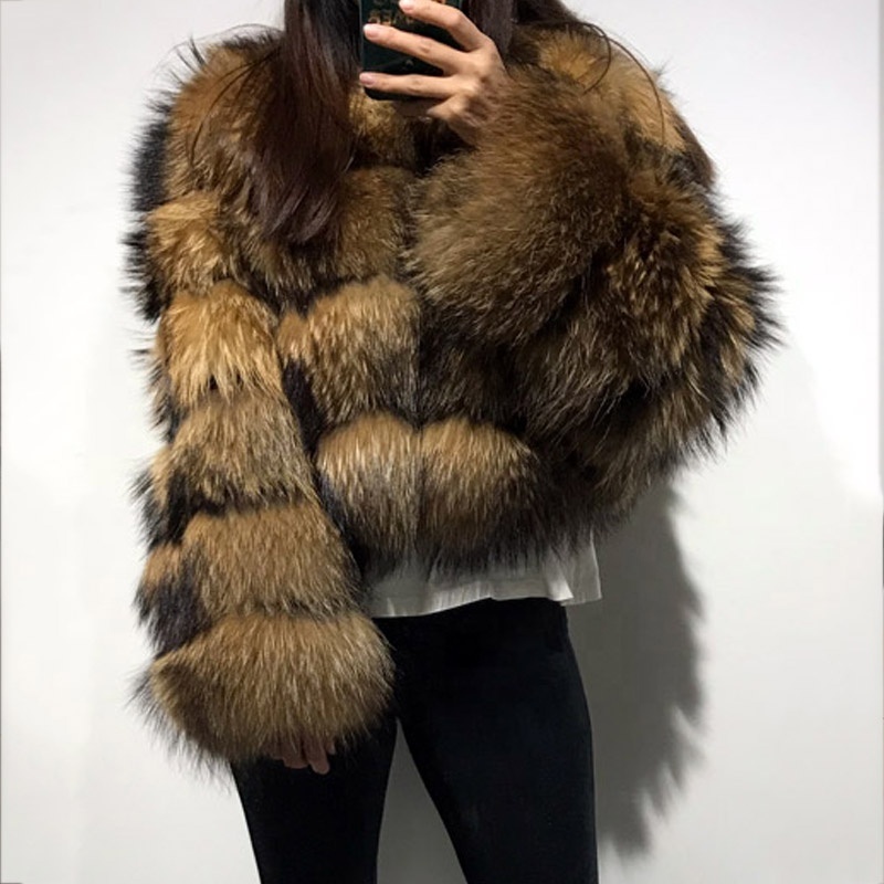 Custom  Natural Fur Coat Genuine Raccoon Fur Jacket Boutique Overcoat Girl's Outwear O Neck Brown Real Fur Jacket