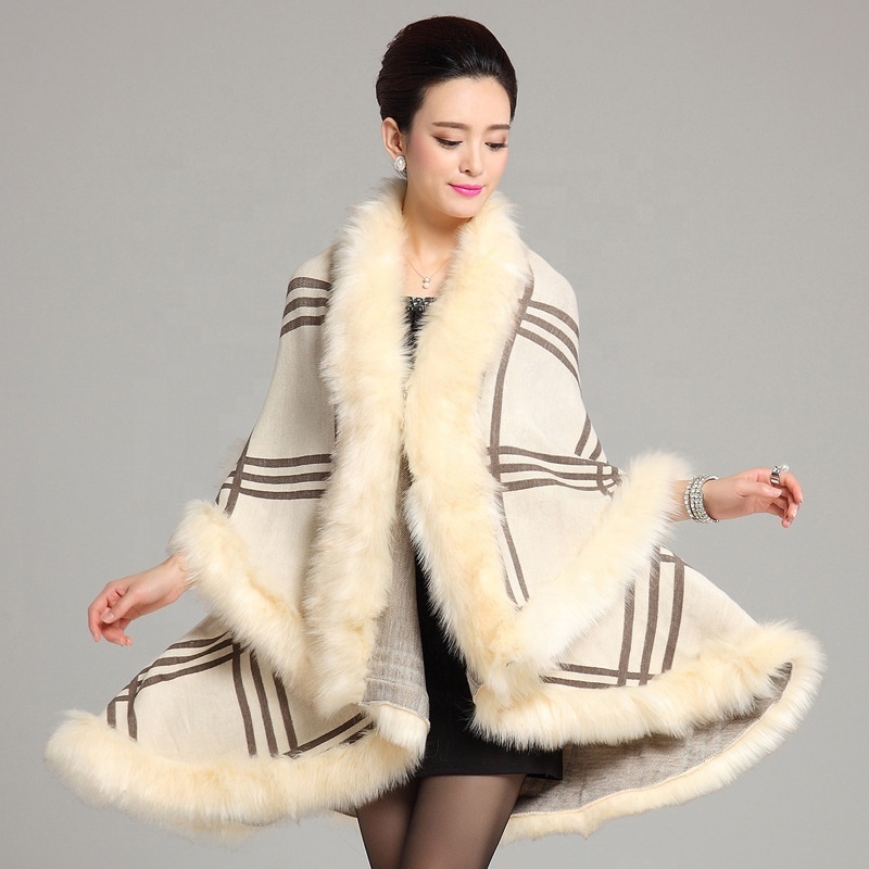 Wholesale new made knitted faux fox fur poncho cape genuine handmade plaid fur shawls