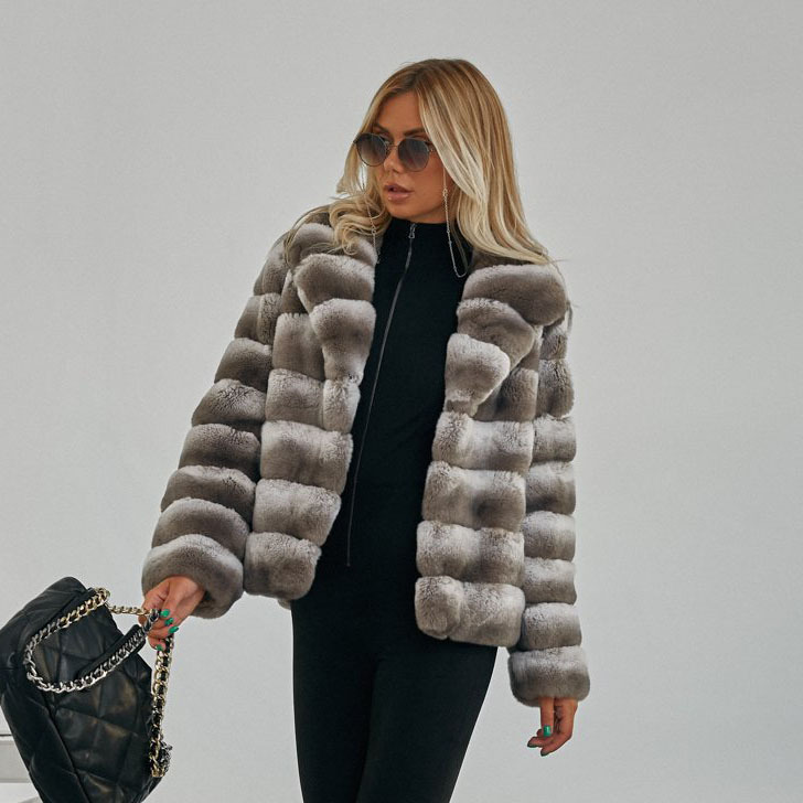 Luxury Fashion Long Sleeve Thick Warm Rex Rabbit Fur Winter Women Copy Chinchilla Fur Coat Women Jacket