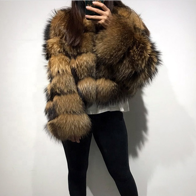 Custom  Natural Fur Coat Genuine Raccoon Fur Jacket Boutique Overcoat Girl's Outwear O Neck Brown Real Fur Jacket