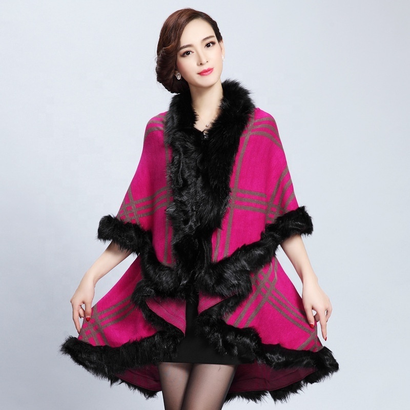 Wholesale new made knitted faux fox fur poncho cape genuine handmade plaid fur shawls