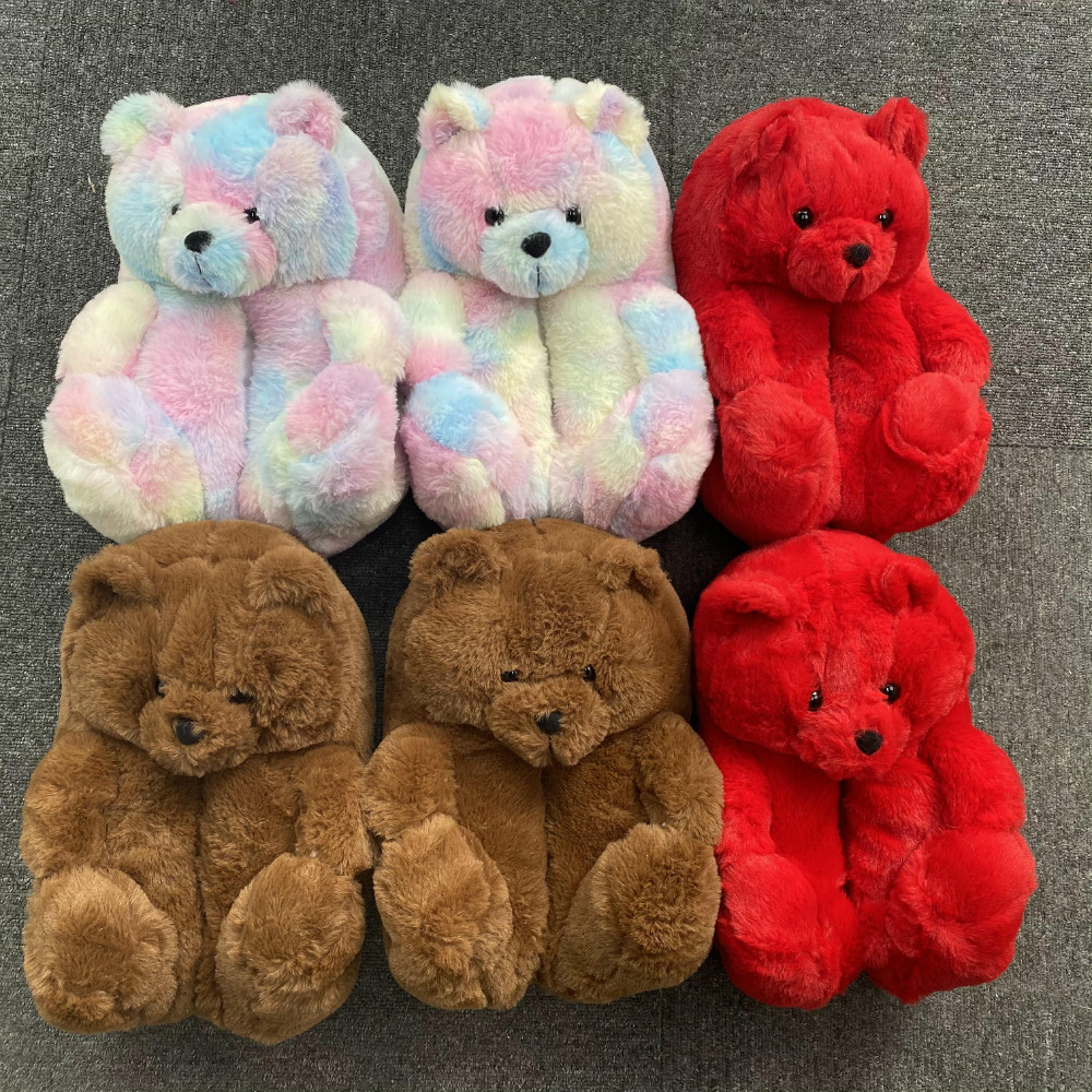 Ins Tiktok Hot Sale Women's New Style Teddy Plush Bear Fur Shoes Fuzzy Stuffed House Slippers For Women Teddy Bear Slippers