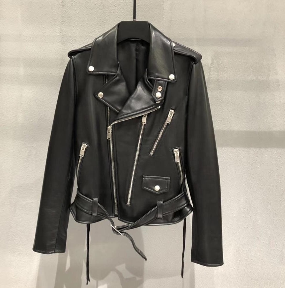 Spring Autumn Womens Nappa Leather Coats Real Leather Jacket with Tassels Zipper Closure Motorcycle Bike Women Short Standard