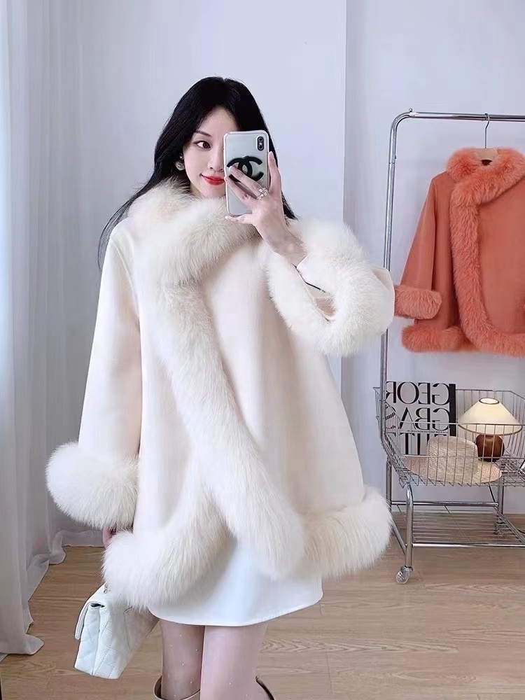 Elegant Woolen Women Real Fox Fur Trim Wool Jacket Cashmere Coat With Fur Collar and Cuff