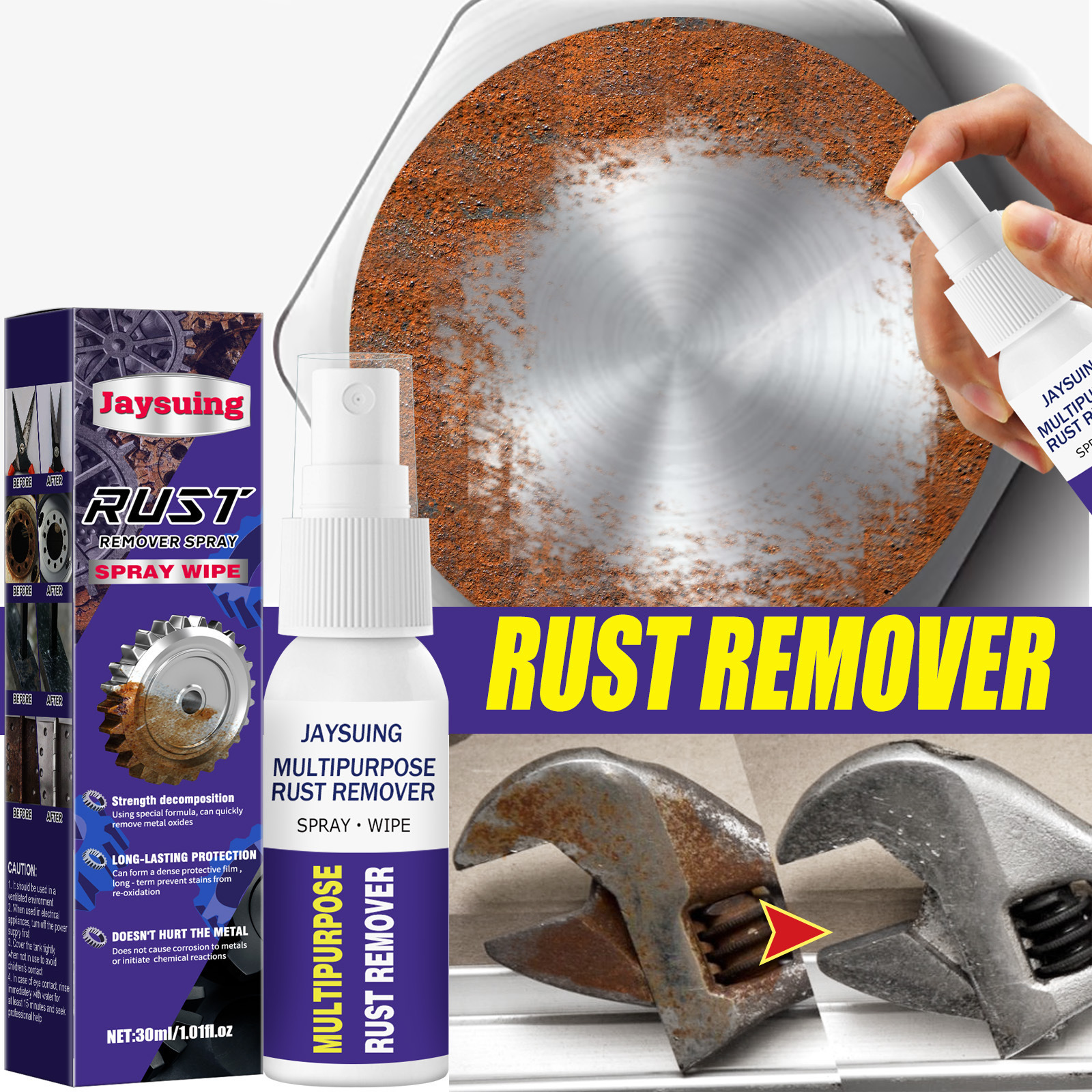 Hot Selling rust remover spray agent metal surface chrome plated car maintenance iron powder cleaner anti rust remover 30ml