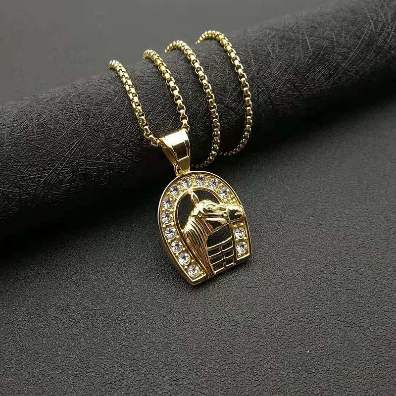 Men Stainless Steel Horse Bit necklace Horse Shoe 18K Gold Horse Head Pendant