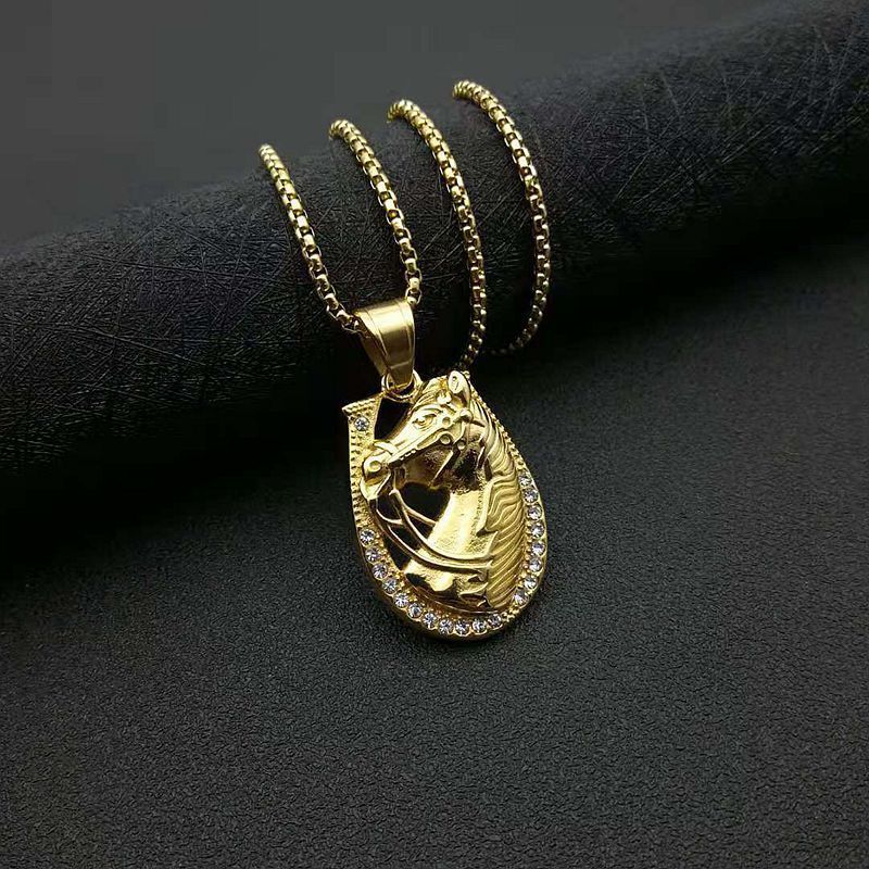 Men Stainless Steel Horse Bit necklace Horse Shoe 18K Gold Horse Head Pendant