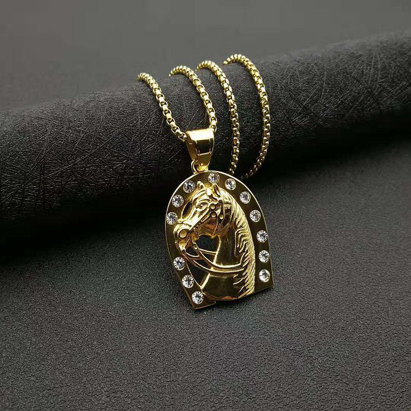 Men Stainless Steel Horse Bit necklace Horse Shoe 18K Gold Horse Head Pendant