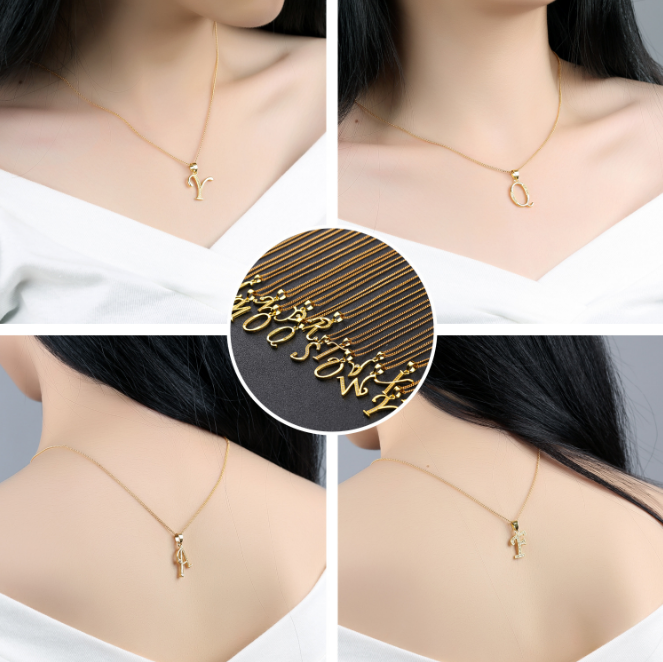 Fashion Charm Jewelry Stainless Steel A Letter Necklace Pendant Insert Diamond Gold Plated Initials Necklace