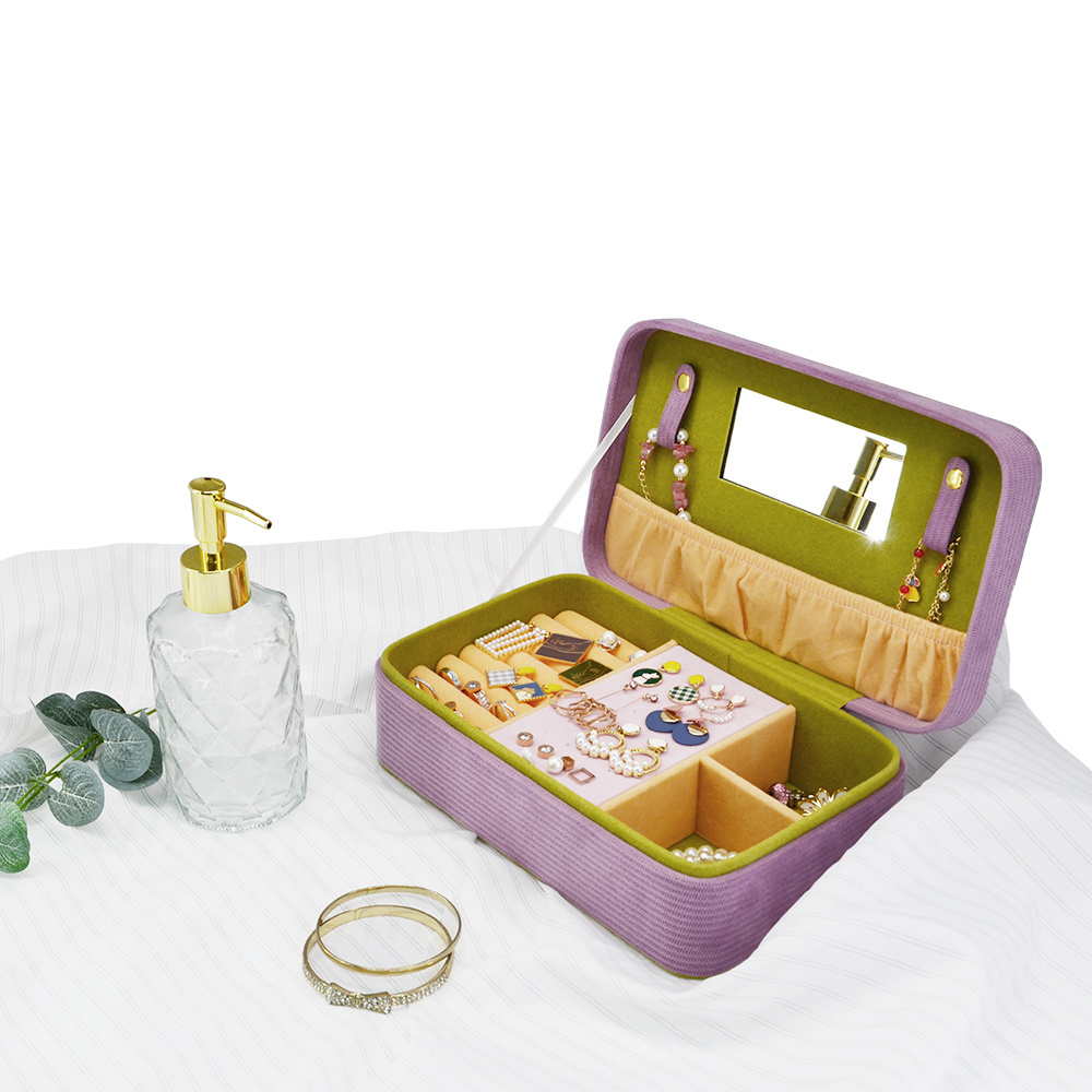 Mexda Brand Custom High Quality Jewelry Box Corduroy Fabric Ring Storage Box with Mirror Premium Gift Box Jewelry Organizer