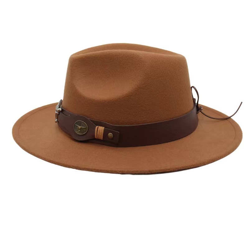 New western belt buckle felt fedora hat unisex national wide brim jazz hat high quality wholesale