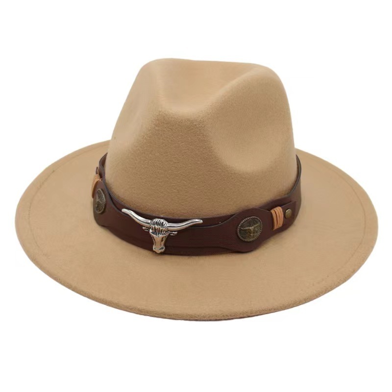 New western belt buckle felt fedora hat unisex national wide brim jazz hat high quality wholesale