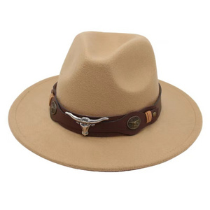 New western belt buckle felt fedora hat unisex national wide brim jazz hat high quality wholesale