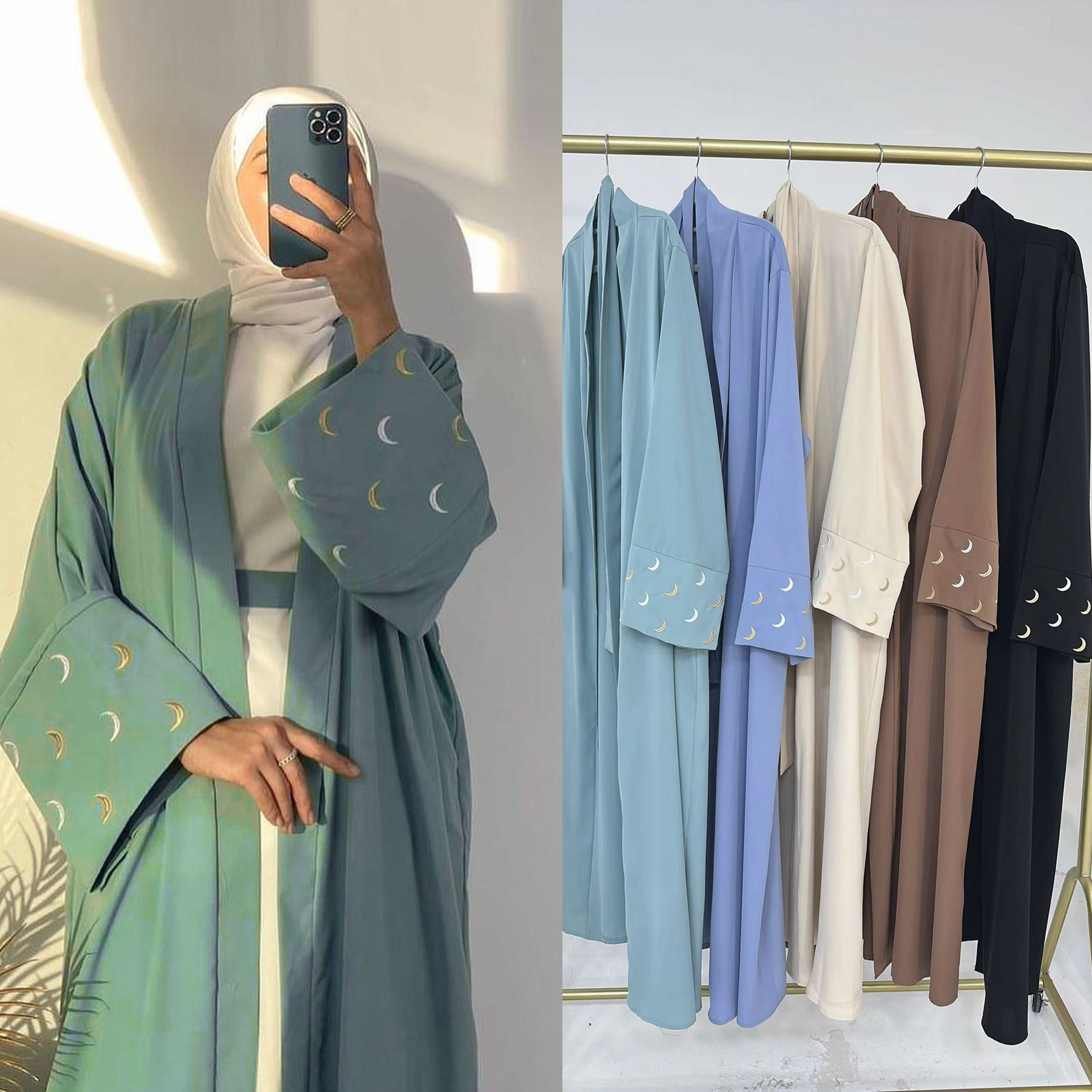 Wholesale Islamic Clothing Womens Kimono Open Abaya Muslim Women's Dresses Moon Embroidery EID Nida Abaya