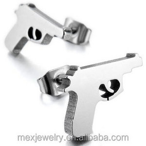 Men's Stainless Steel Stud Earrings Silver Gun Pistol Punk Rock Jewelry