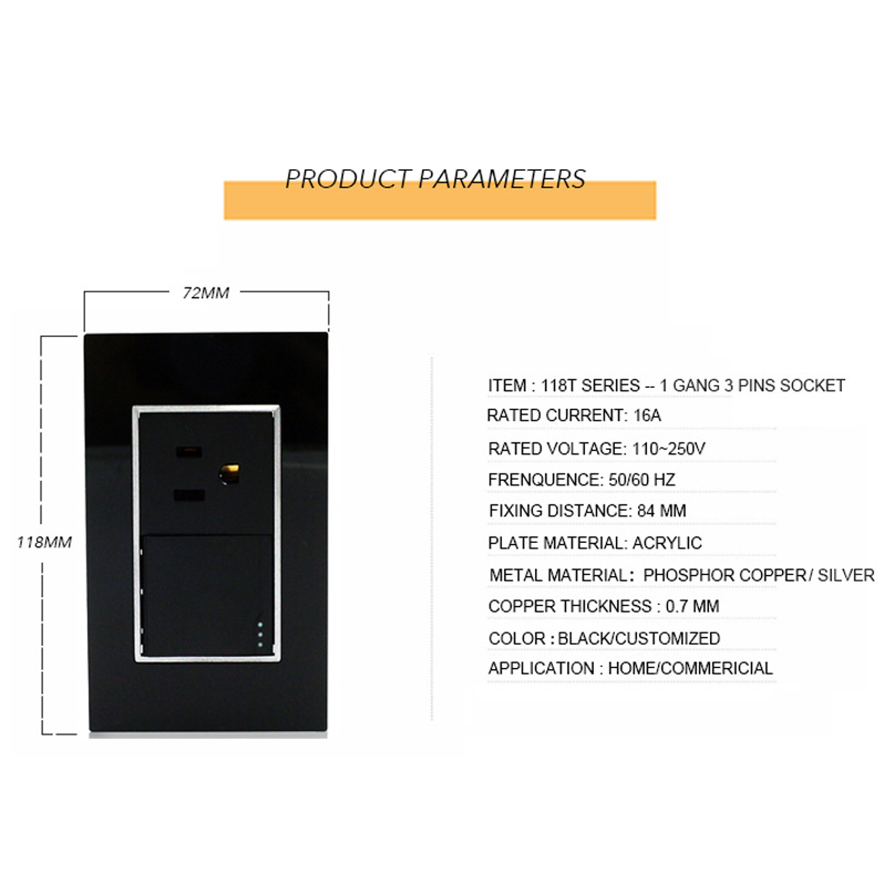 Residential luxury glass square cover  wall switch and socket one gang with three holes for south american