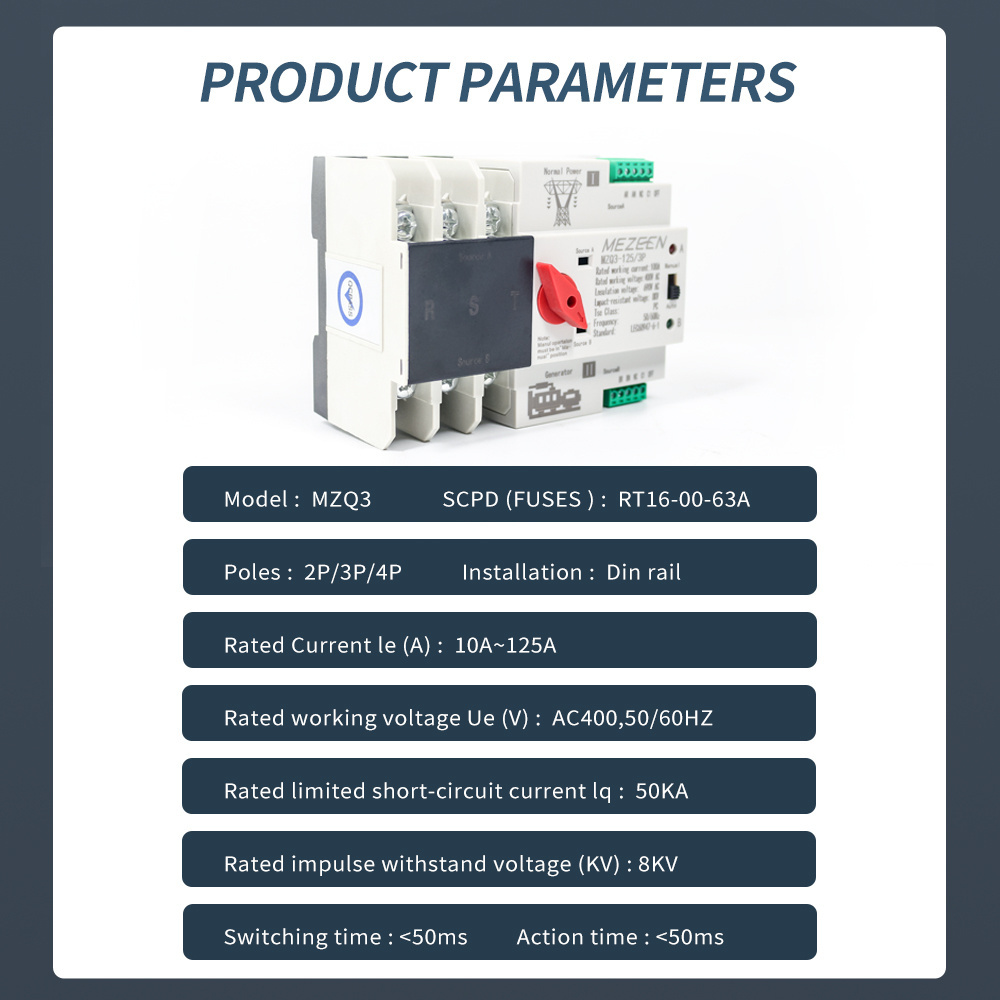 MZQ3 3 Phase Din Rail Double Power Automatic Transfer Switches AC DC For PV Solar Changeover Switch 3P