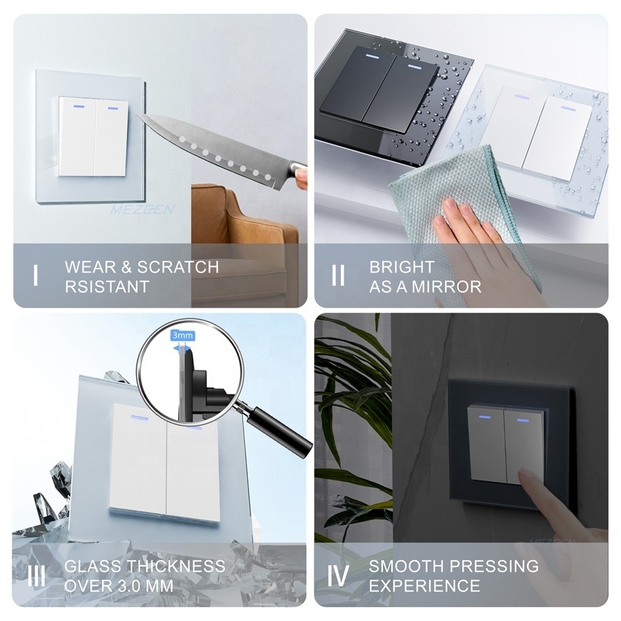 EU standard Tempered Glass Plate Double Wall Light Switch 16A 250V With Led Indicator Decorative Wall Switch Cover