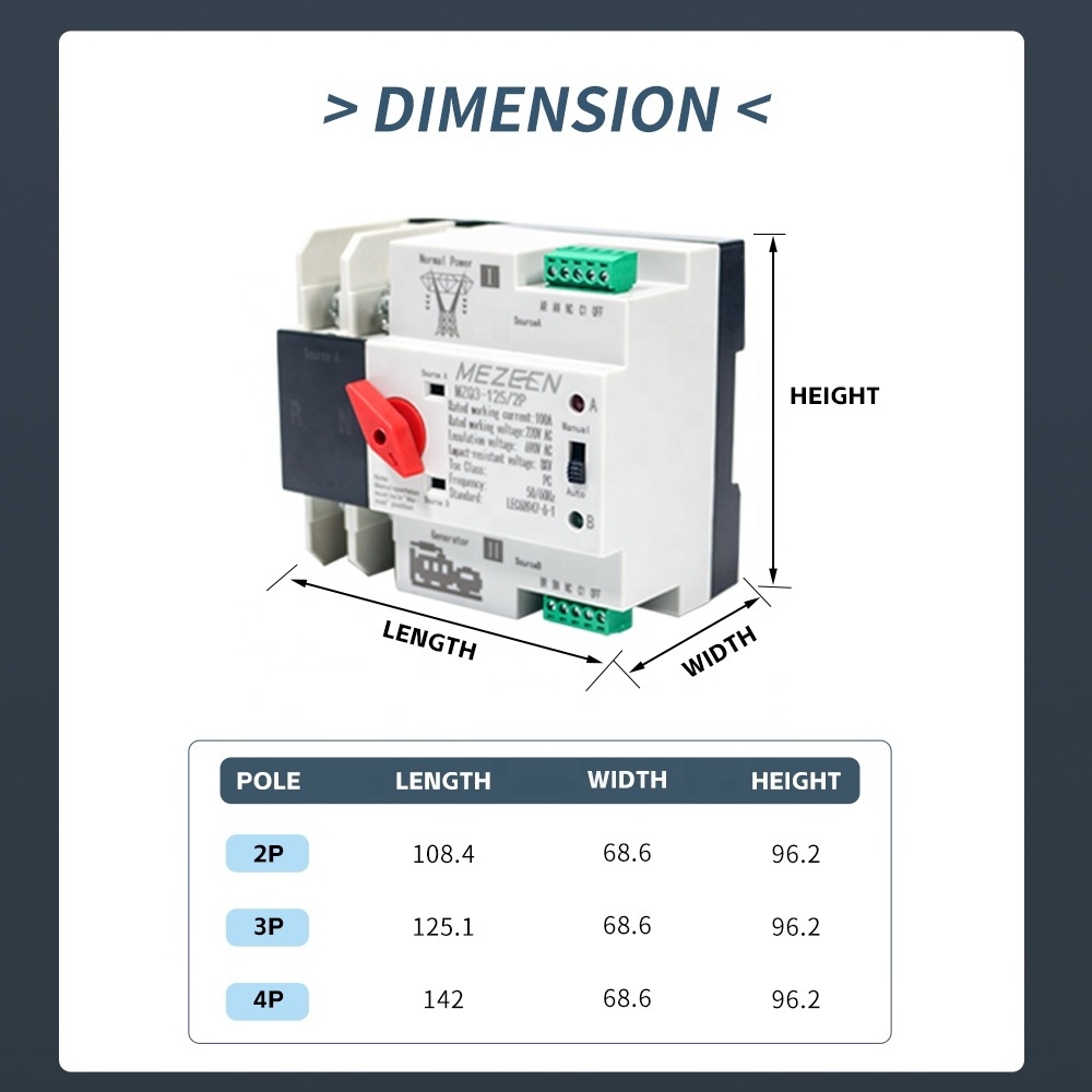 Fair Price Din Rail ATS Dual Power 2 Pole 125A Automatic Generator Transfer Switch Change Over Switch