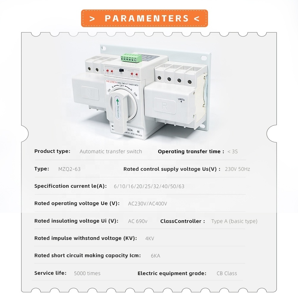 Mezeen AC DC  ats 63a 4p automatic transfer switch ats for solar inverter pv system and generator