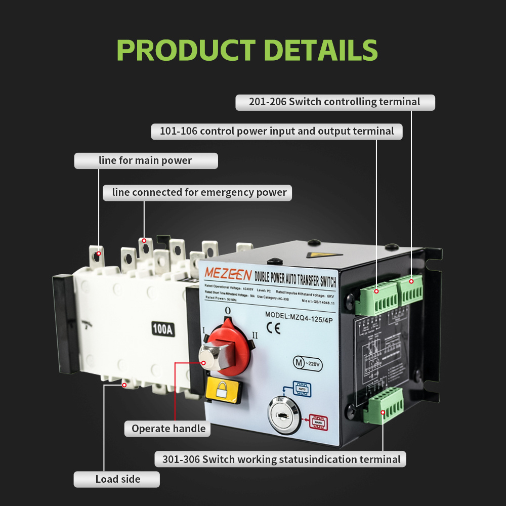 MZQ4-125 PC ATSE Class Automatic Transfer Switch ATS 4P 250A 220V ATS Changeover Switch for Generator