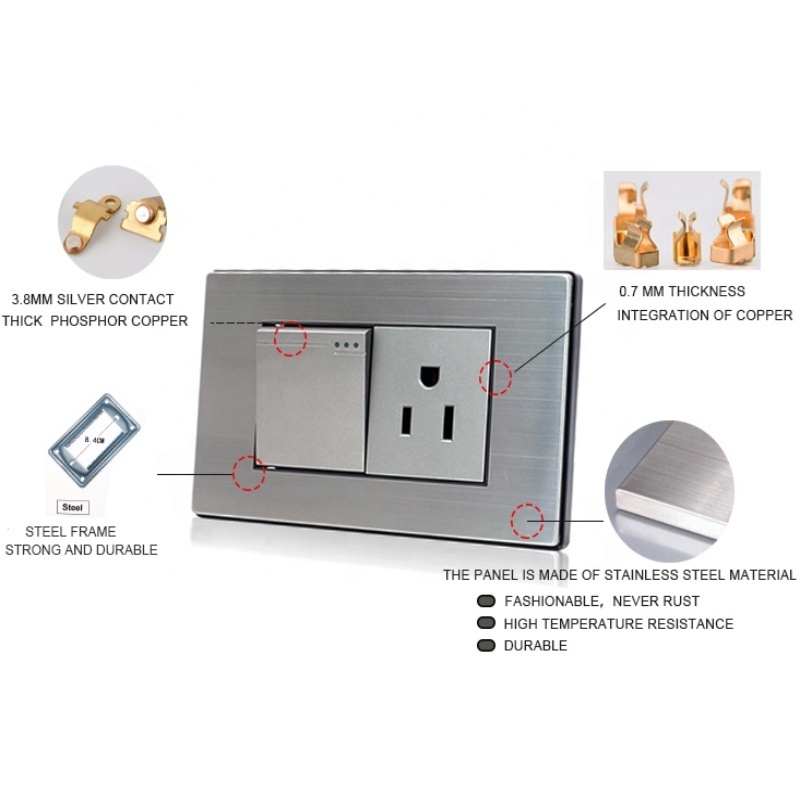 New Arrival Square Stainless Steel Panel 1 Gang 1 Way 2 Way Push Button Modular Electrical Switch With Big Rocker For Home