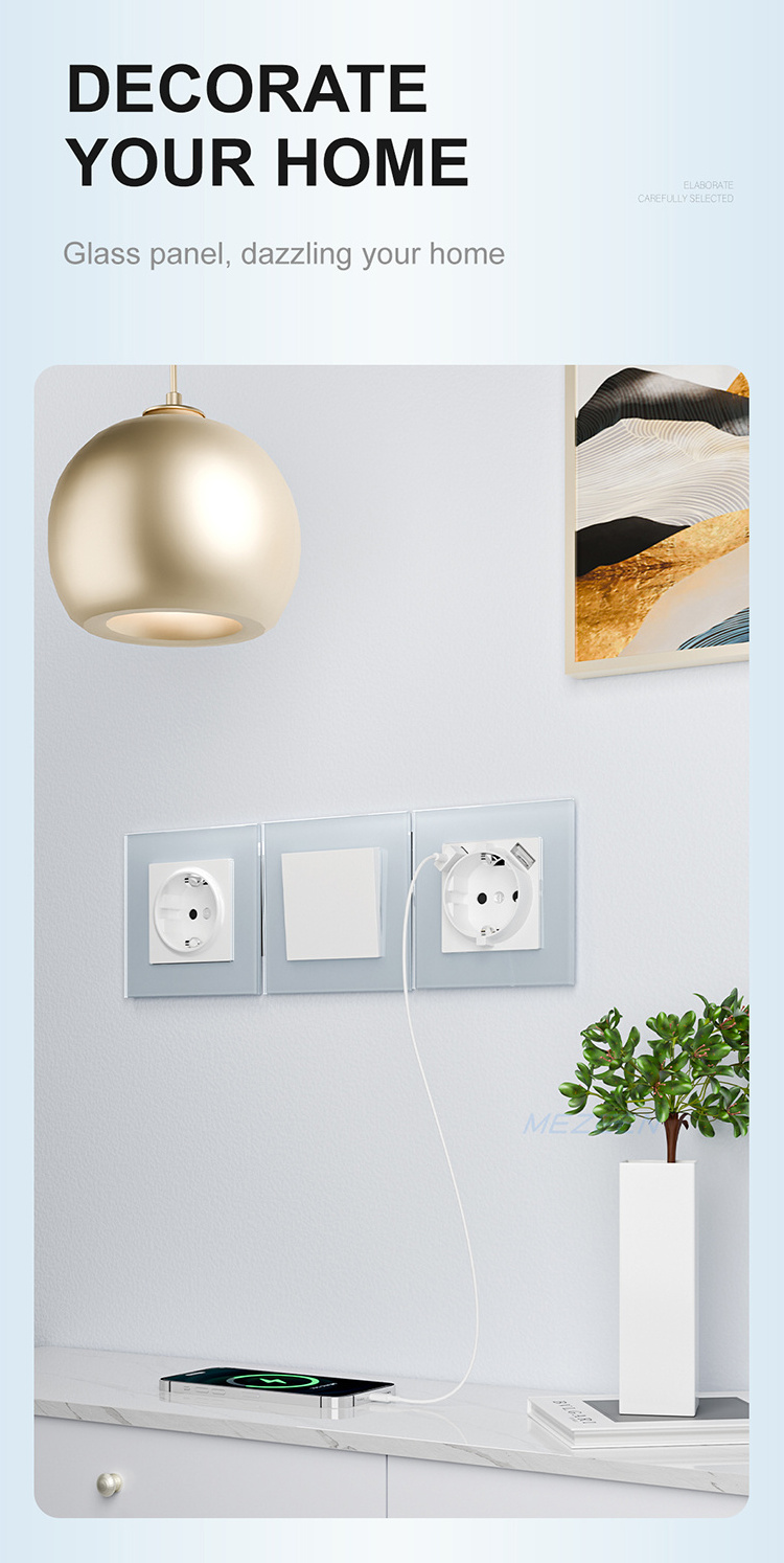 EU Style Square 1 Gang 1 Way 2 Way Wall Light Switch Luxury Electrical Wall Switches With Black Color Tempered Glass Panel