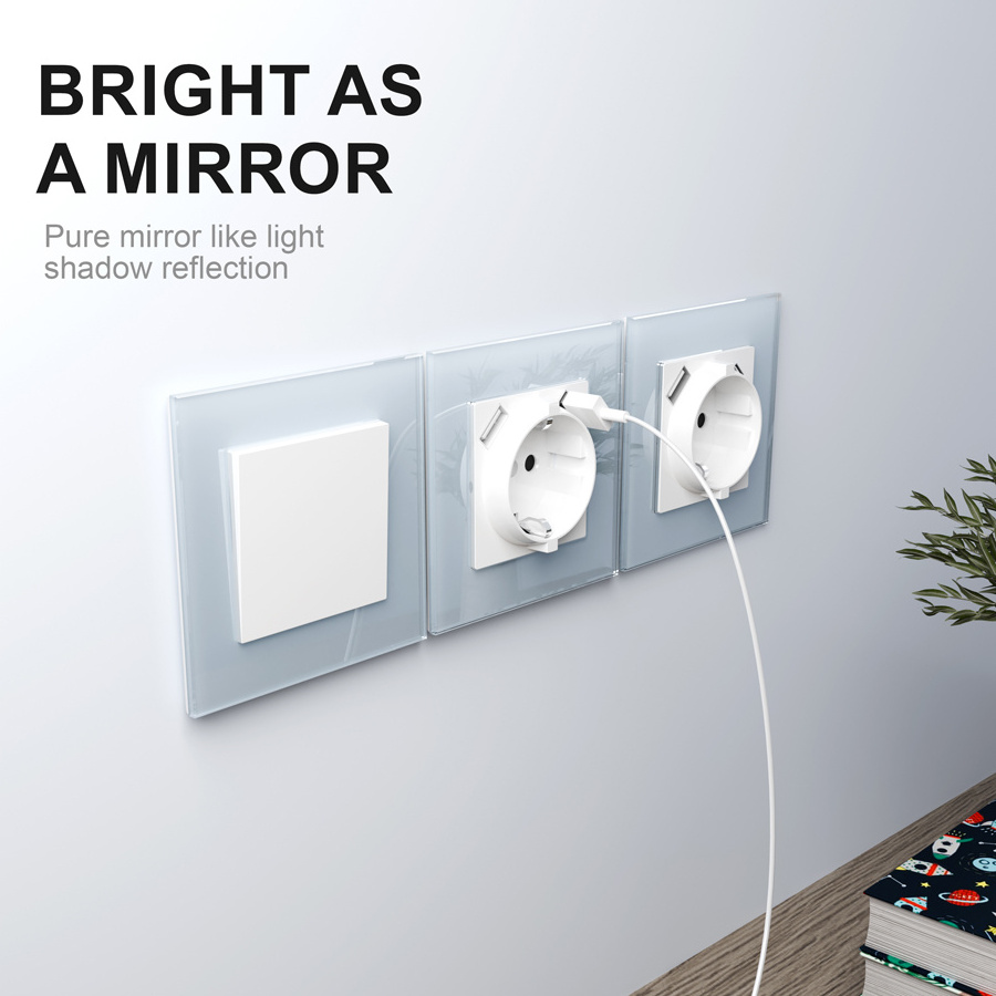 White Grey Black Gold Color EU Standard 1 Gang 1 Way 2 Way Wall Light Switch With Colorful Tempered Glass 250V 10A