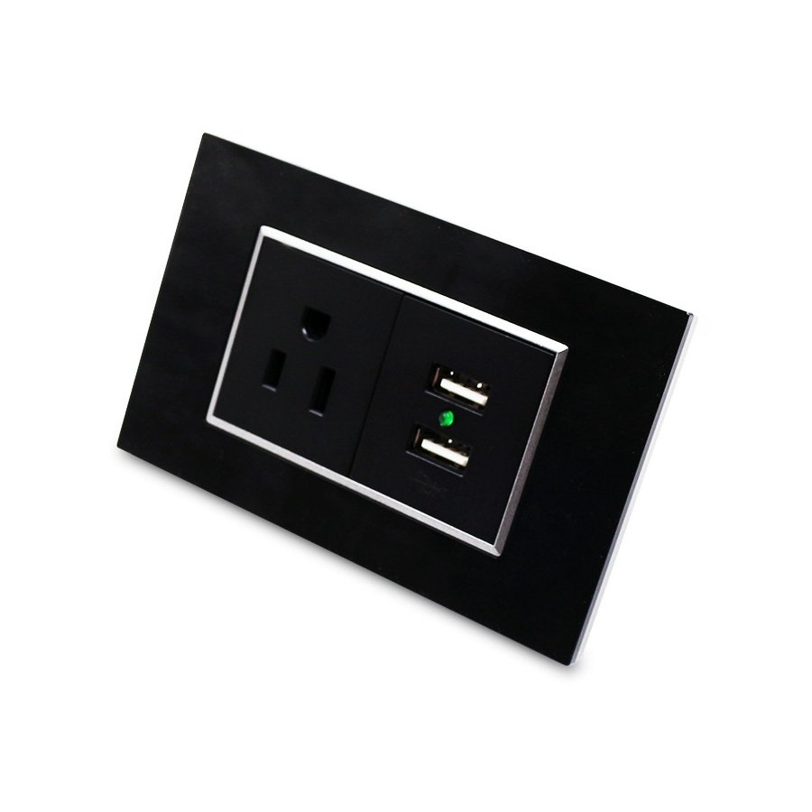 All Black fashion Design Acrylic Square Cover Plate 220V US Standard 3 Holes Socket With 2 USB Type A Chargers