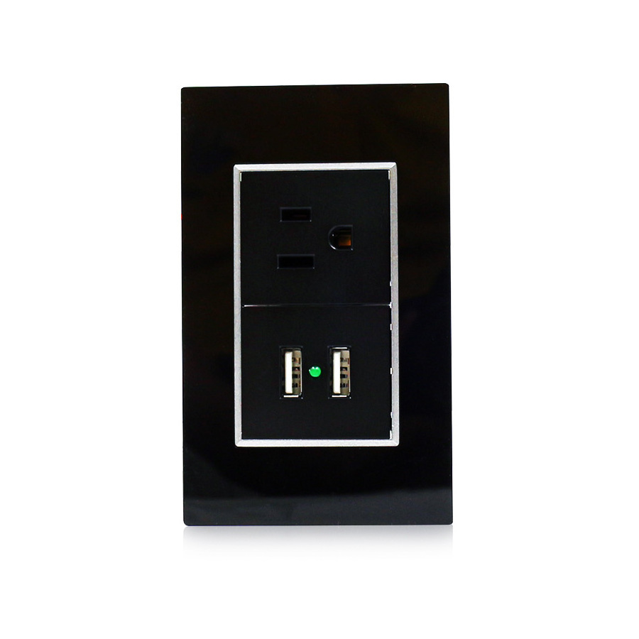 All Black fashion Design Acrylic Square Cover Plate 220V US Standard 3 Holes Socket With 2 USB Type A Chargers