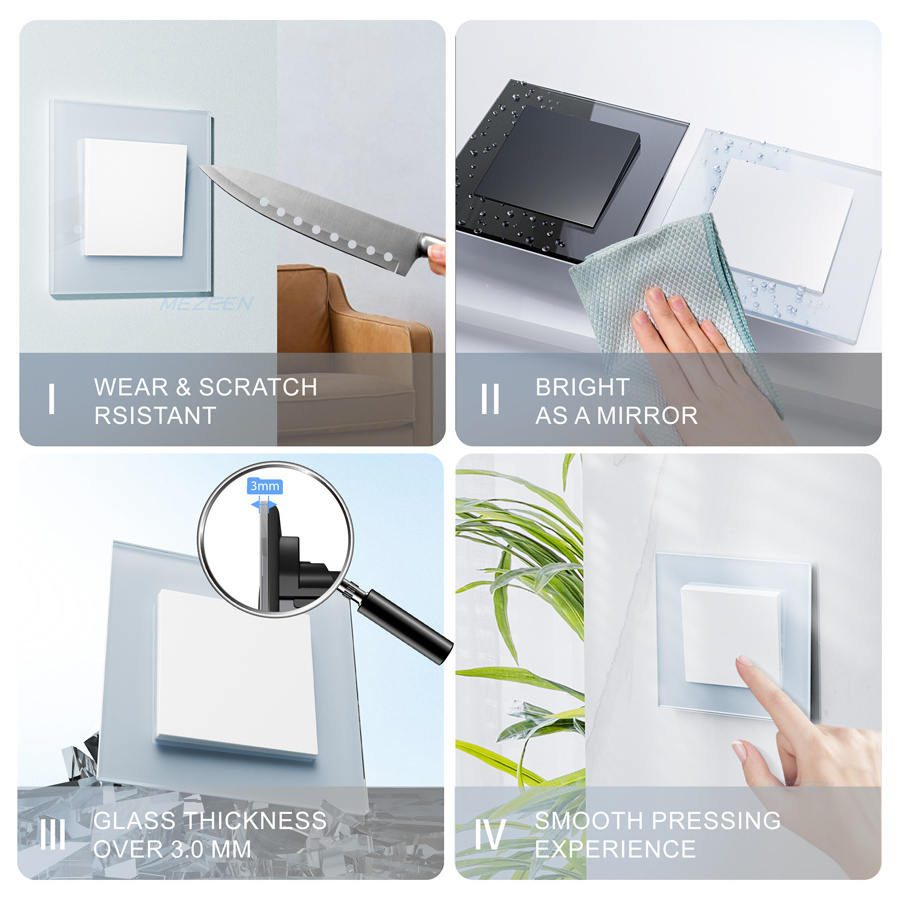 White Grey Black Gold Color EU Standard 1 Gang 1 Way 2 Way Wall Light Switch With Colorful Tempered Glass 250V 10A