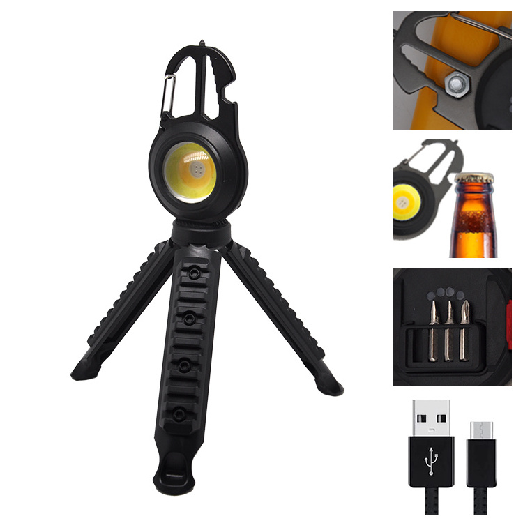 Portable Bottle Opener Mini Rechargeable Pocket COB Work Light Camping Lamp Flash Torch LED Keychain Lights with tools