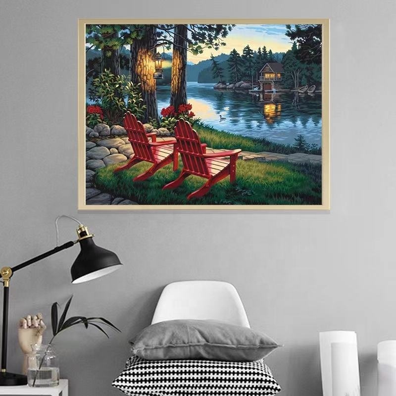 Photo Custom Mural Living Room Decoration Lakeside Boat Picture of Rhinestone DIY Diamond Mosaic Diamond Canvas Diamond Painting