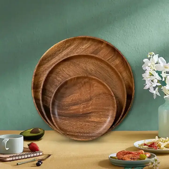 Wholesale Customized Handmade Solid Black Acacia Wood Dinner Charger Plates round Dessert Platters Home and Restaurant Use