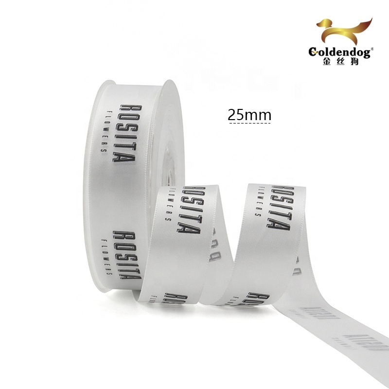 China manufacturer high quality new designer white gift ribbons with black custom printed logo satin ribbon