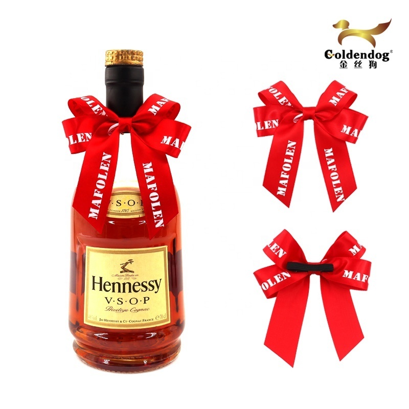 Customized Bottles Gift Decoration Custom Handmade Satin Grosgrain Ribbon Bow with Elastic Band Loop For Neck Bottle Wrapping