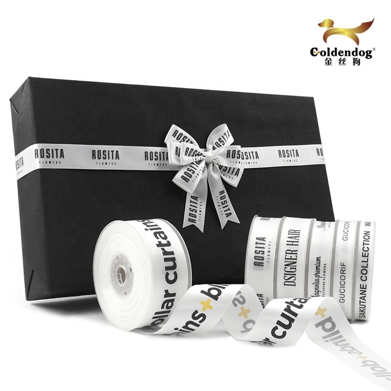 China manufacturer high quality new designer white gift ribbons with black custom printed logo satin ribbon