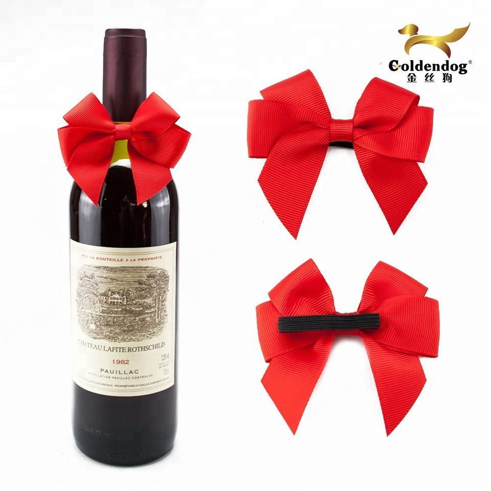 Customized Bottles Gift Decoration Custom Handmade Satin Grosgrain Ribbon Bow with Elastic Band Loop For Neck Bottle Wrapping