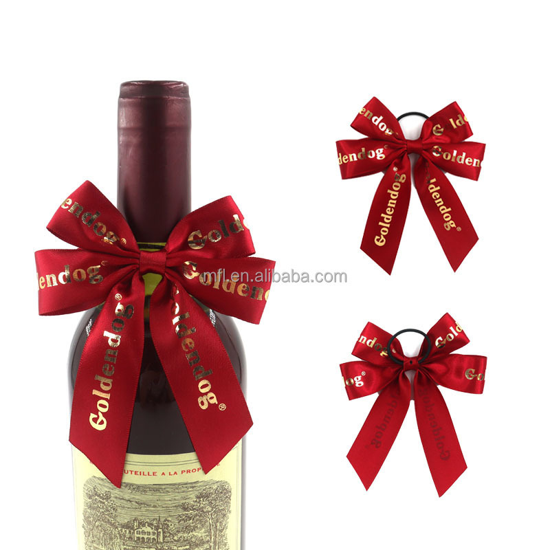 Customized Bottles Gift Decoration Custom Handmade Satin Grosgrain Ribbon Bow with Elastic Band Loop For Neck Bottle Wrapping