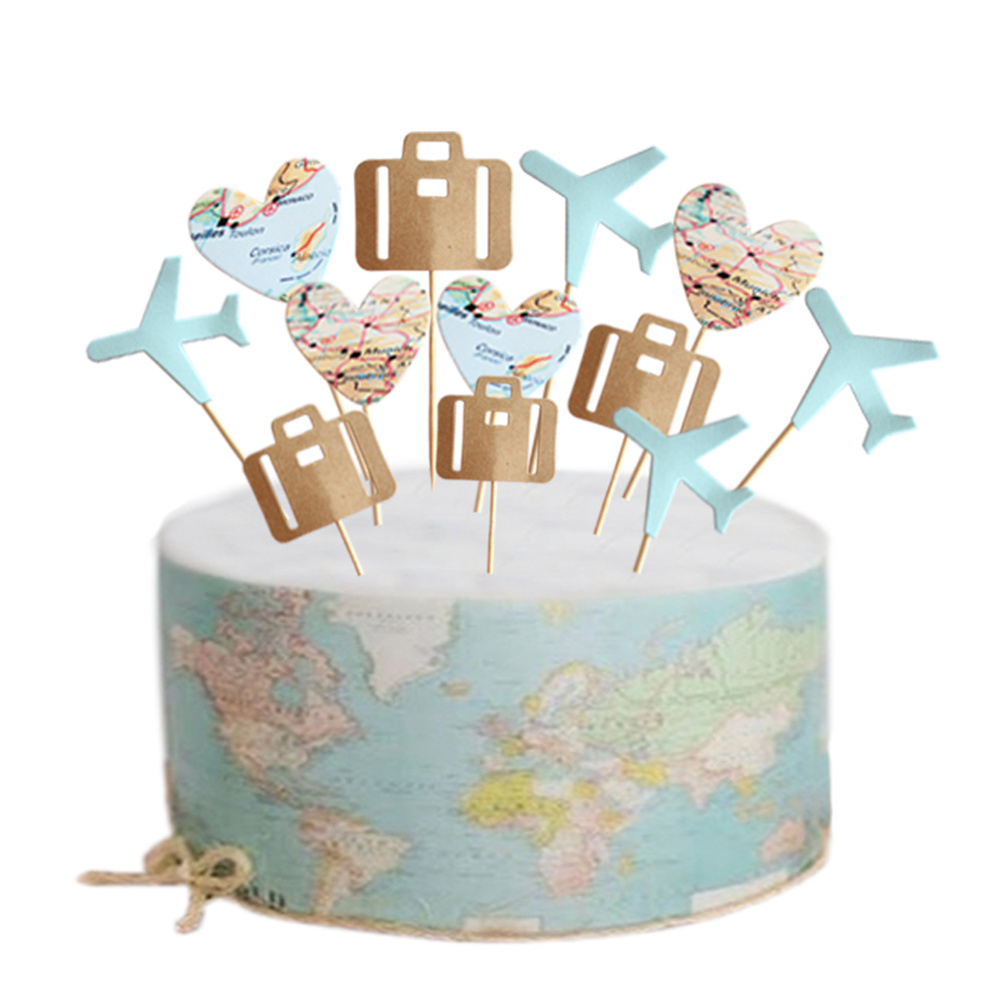 12pcs Travel Theme Wedding and Birthday Party Cake Topper Airplane Luggage and Map Cupcake Toppers