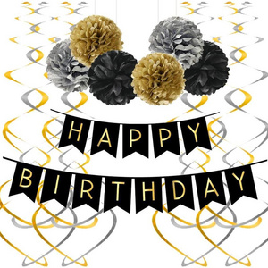 Black Gold Birthday Party Decorations Set Happy Birthday Banner Paper Pom Poms Streamers for Man's birthday